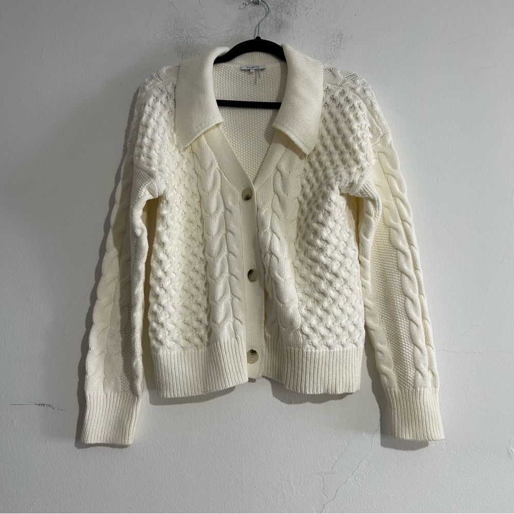 Parker Johnny Collar Cable Knit Cardigan Antique White Small Preppy Fisherman